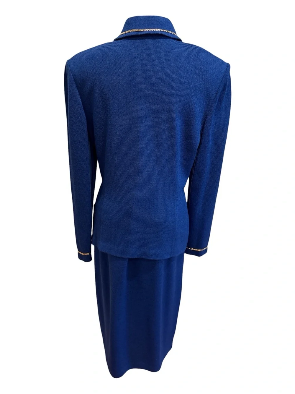 90s ST JOHN COLLECTION MARIE GRAY ROYAL BLUE SANTANA KNIT SKIRT SUIT SZ 12